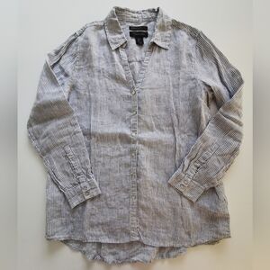 Tahari Blue and White Striped Button Down Long Shirt 100% Linen